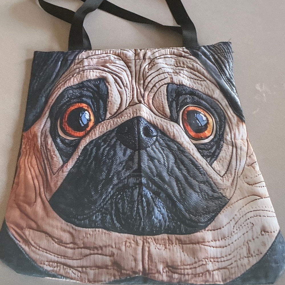 Pug Face Printed Tote Bag - Beige and Black